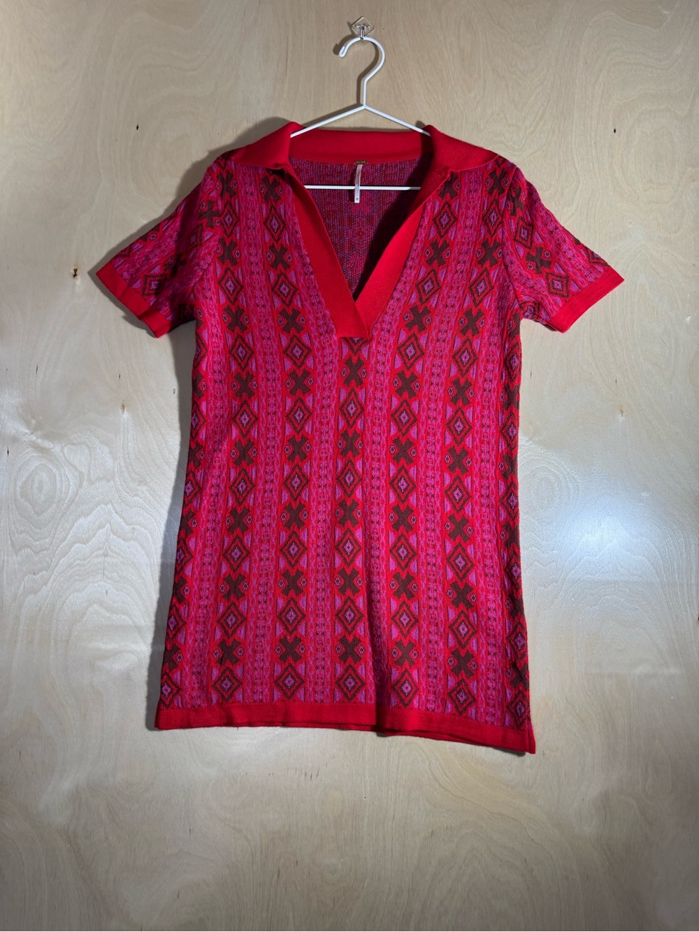 Free People Red Patterned Wool Blend V-Neck Knit Tunic or Mini Dress Size XS